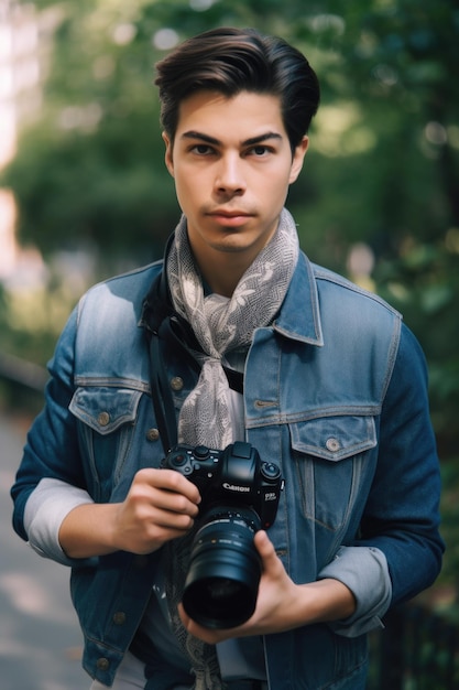 Un bel giovane fotografo con una macchina fotografica creata con l'AI generativa