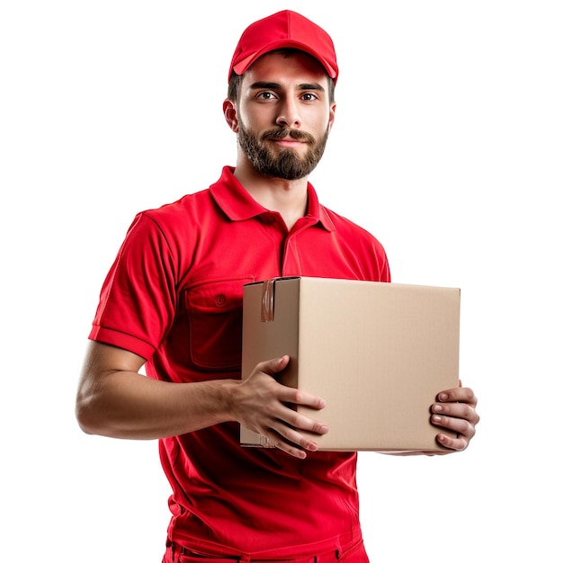 Un bel giovane in uniforme rosso che consegna un pacco su uno sfondo bianco