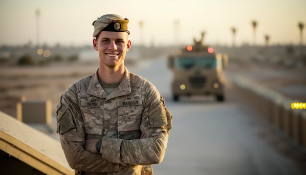 un bel giovane soldato maschio sorridente di fronte a uno sfondo sfocato della base militare