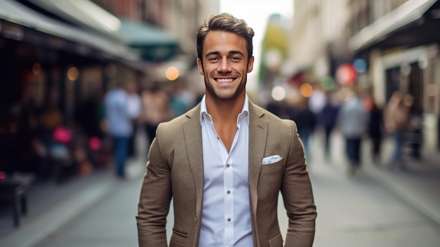 Un bel giovane uomo d'affari cammina per strada e sorride .