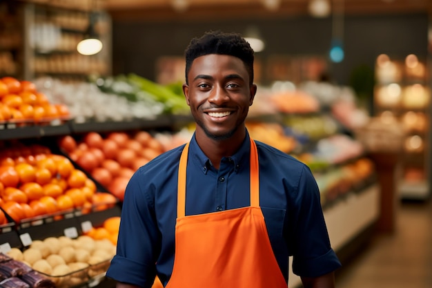 Un bel lavoratore di un supermercato su uno sfondo di verdure e frutta fresche