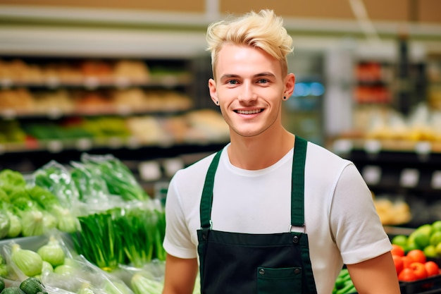 Un bel lavoratore di un supermercato su uno sfondo di verdure e frutta fresche