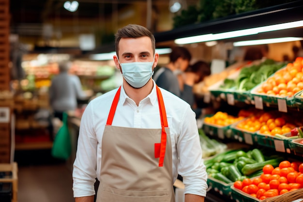 Un bel lavoratore di un supermercato su uno sfondo di verdure e frutta fresche