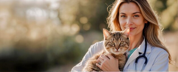 Un bel medico veterinario femminile che tiene in braccio un gattino carino su uno striscione di sfondo all'aperto