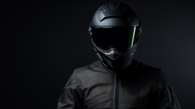 Un bel motociclista che posa con un casco nero.