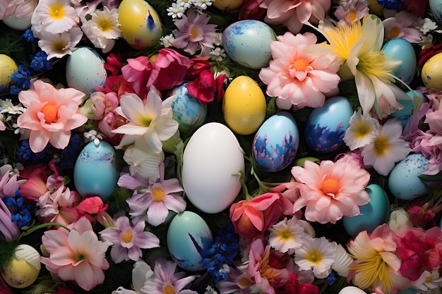 Un bel pasticcio di fiori e uova di Pasqua.