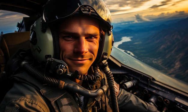 Un bel pilota sorridente che indossa casco e uniforme un aviatore delle forze aeree nel suo jet che vola nell'aria AI generativa