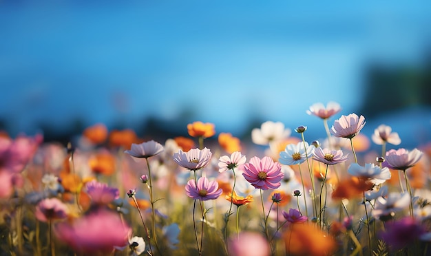 Un bel prato soleggiato primavera estate Vari fiori colorati Paesaggio colorato naturale