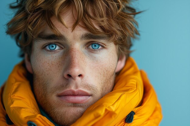 Un bel ragazzo con i capelli ricci e grandi occhi blu che indossa una giacca sportiva arancione.