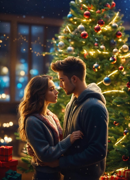 Un bel ragazzo e una bella ragazza decorano un albero la vigilia di Natale foto realistica ad alto dettaglio