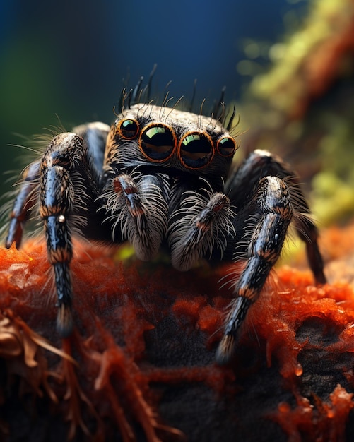 Un bel ragno con la faccia di gatto che cammina con un disegno colorato generato da AI
