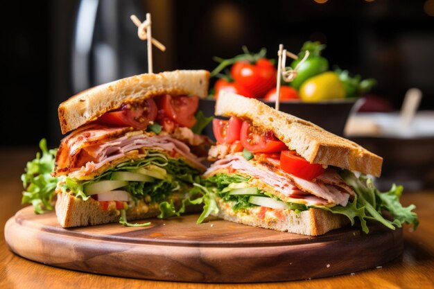 Un bel sandwich clubhouse tagliato a metà su una tavola di legno