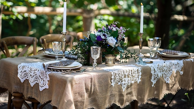 Un bel tavolo allestito per un matrimonio o un evento speciale Il tavolo è coperto da un panno di tela e decorato con un corridore di pizzo e fiori