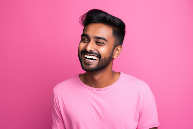 Un bel tizio indiano che ride su uno sfondo rosa.