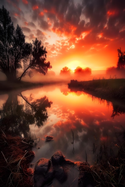 Un bel tramonto con un albero in primo piano e il cielo è rosso.