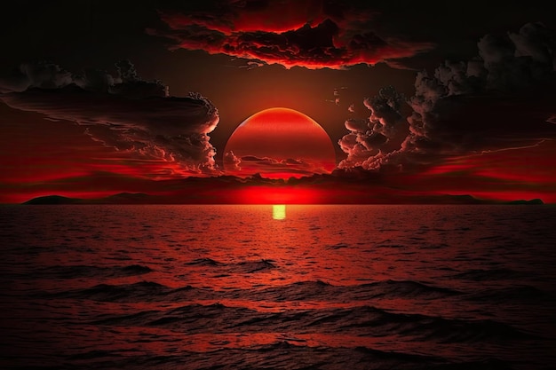 Un bel tramonto rosso su un mare scuro