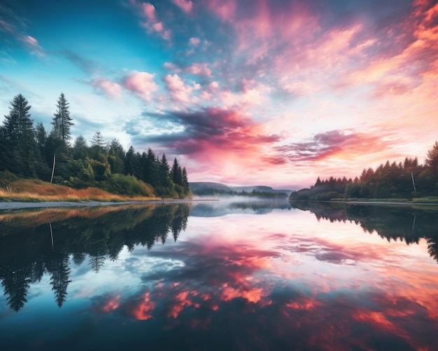 un bel tramonto su un lago con alberi e nuvole