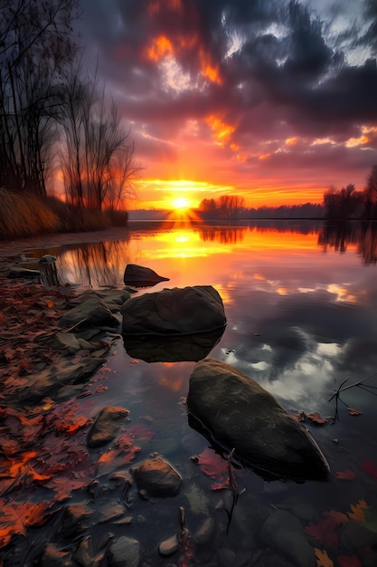 Un bel tramonto su un lago con alcune rocce nell'acqua.