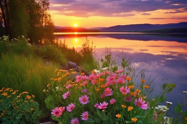 Un bel tramonto su un lago con fiori