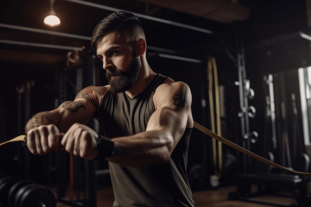 Un bel uomo barbuto che fa esercizi con una banda di resistenza in palestra.