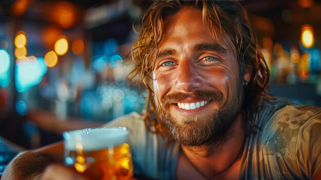 Un bel uomo barbuto con un bicchiere di birra in un pub.