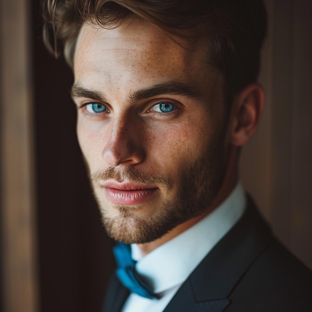 un bel uomo con gli occhi blu e un vestito elegante che guarda la telecamera