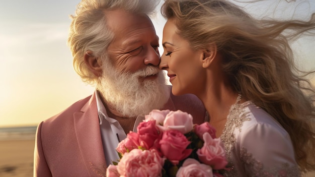 un bel uomo maturo con una lunga barba bianca che indossa un abito ha sposato felicemente una donna matura sulla spiaggia