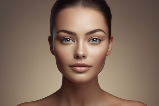 Un bel viso di una giovane donna dalla pelle sana nel concetto di cura della pelle con l'intelligenza artificiale generativa