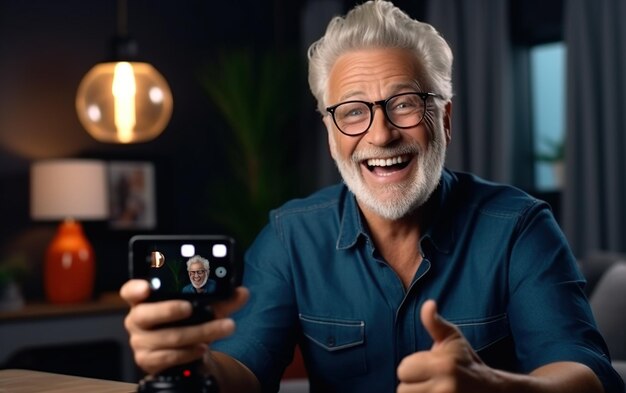 Un bell'anziano influencer che lavora per un blog che registra selfie a casa parlando con una telecamera cellulare fissata su un treppiede