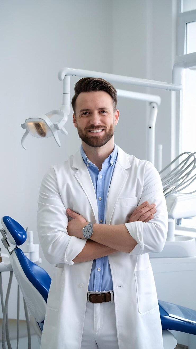 Foto un bell'aspetto, un dentista in piedi in un ufficio dentistico.