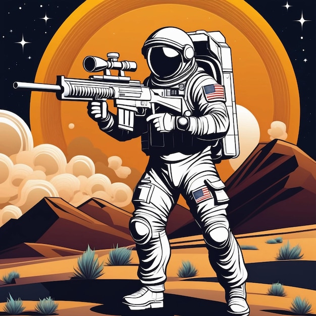Un bell'astronauta guerriero militare con una pistola da cecchino