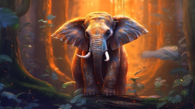 Un bell'elefante arancione seduto in una foresta lussureggiante.