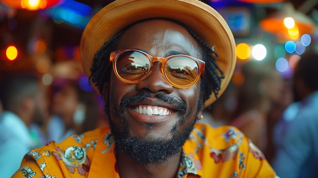 Un bell'uomo afroamericano con i dreadlocks che indossa cappello e occhiali da sole.