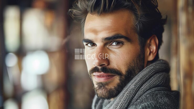 Foto un bell'uomo con i capelli scuri e la barba che indossa una sciarpa grigia guarda la telecamera con un'espressione seria