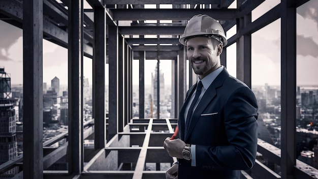Un bell'uomo d'affari, un ingegnere con un casco in un edificio.