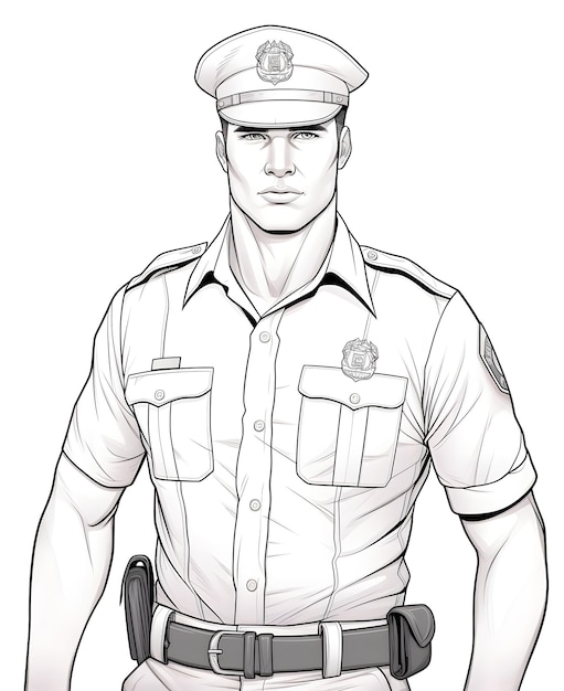 Un bell'uomo di 30 anni che indossa un'uniforme da guardia di sicurezza da colorare per adulti