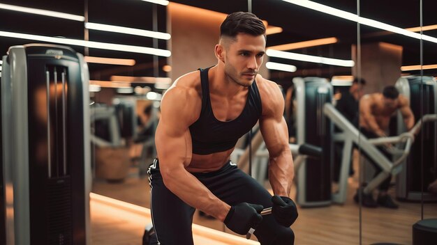 Un bell'uomo è fidanzato in una palestra.