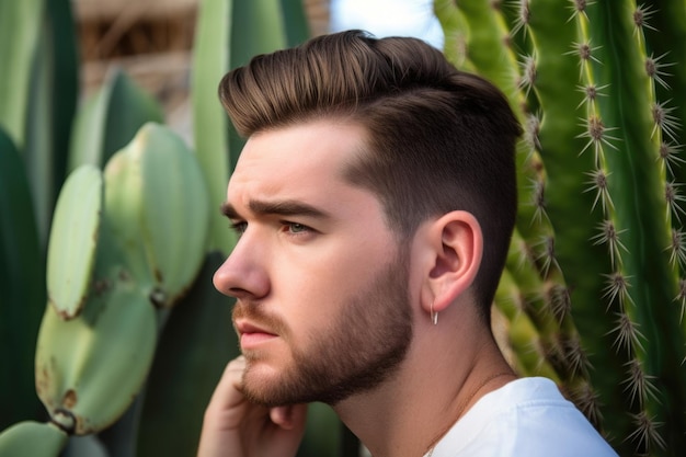 Un bell'uomo in posa con una pianta di cactus dietro l'orecchio