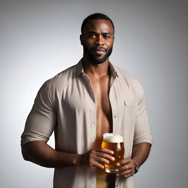 Un bell'uomo nero in piedi con un bicchiere di birra.