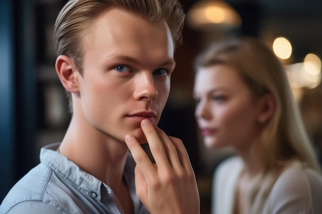 Un bell'uomo si porta il dito sulle labbra mentre la bellezza di una donna osserva sullo sfondo