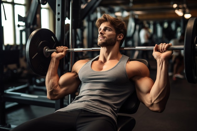 Un bell'uomo sta allenando il petto con il bilanciere in una palestra moderna