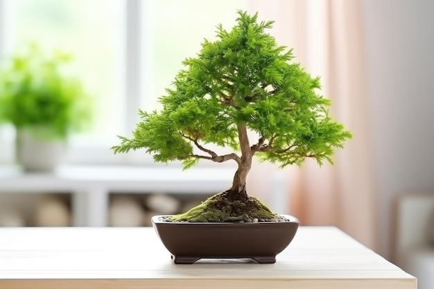 Un bellissimo albero bonsai su un tavolo di legno chiaro all'interno