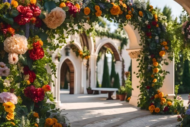 Un bellissimo arco con dei fiori sopra.