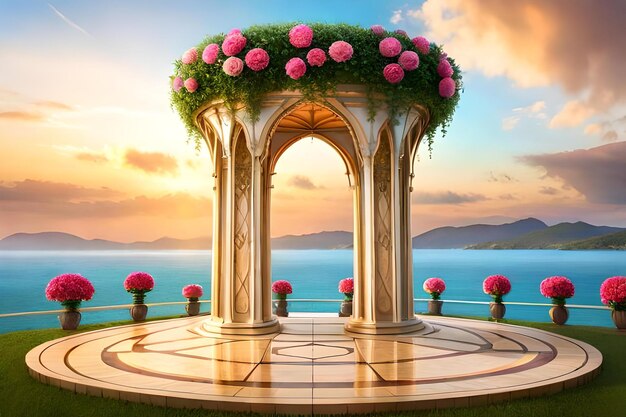 Un bellissimo arco rosa con delle rose in cima.