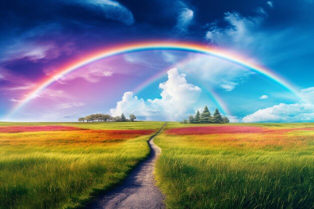 Un bellissimo arcobaleno in un cielo drammatico su una strada che attraversa una terra colorata