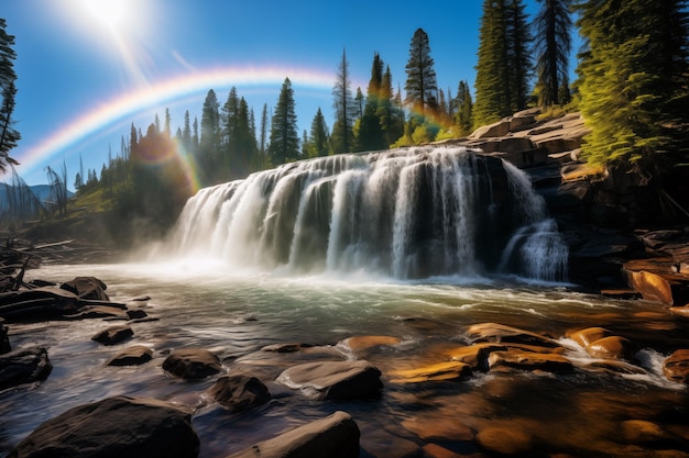 Un bellissimo arcobaleno su un cielo limpido sopra la cascata nella foresta di pini