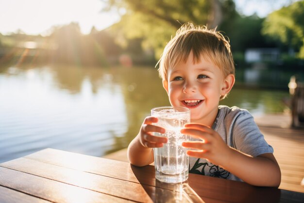 Un bellissimo bambino sorridente beve acqua da un bicchiere in natura sullo sfondo di un fiume