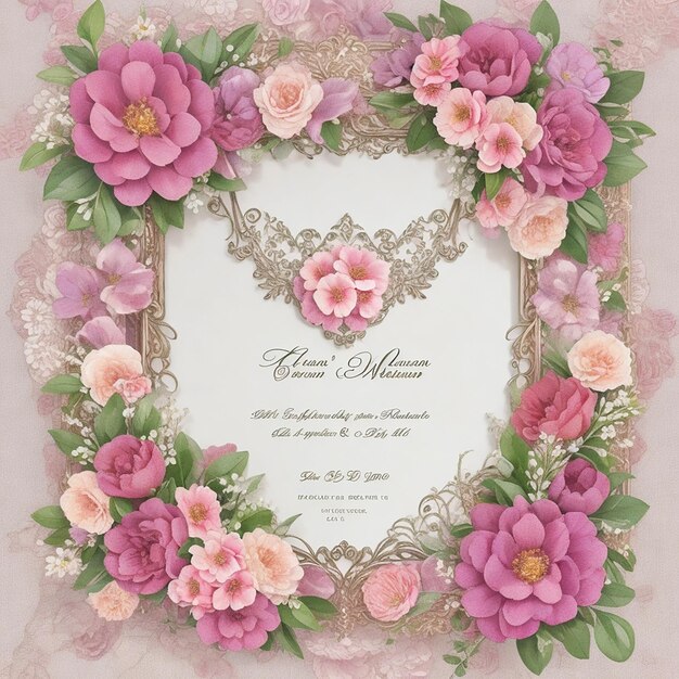 Un bellissimo biglietto d'invito al matrimonio con cornice floreale rec color