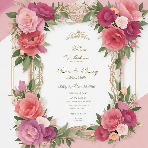 Un bellissimo biglietto d'invito al matrimonio con cornice floreale rec color