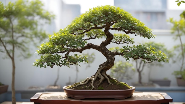 Un bellissimo bonsai realistico in una carta da parati da giardino naturale generata da AI